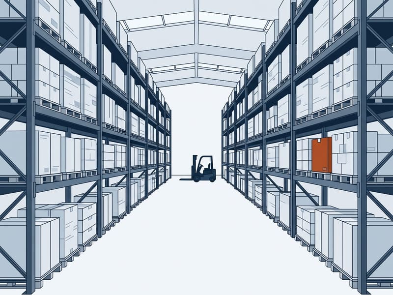 Illustration: warehouse aisle lined with tall pallet racking